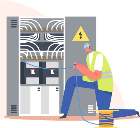 Eletricista resolvendo problemas com o fio  Ilustração