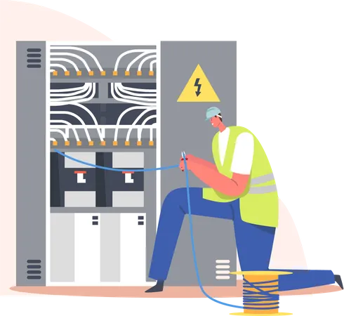 Eletricista resolvendo problemas com o fio  Ilustração