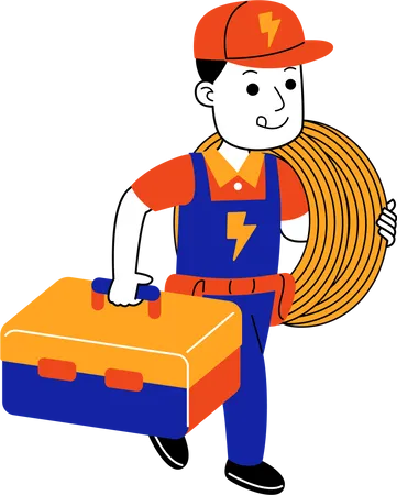 Eletricista masculino carregando cabo elétrico e caixa de ferramentas  Ilustração