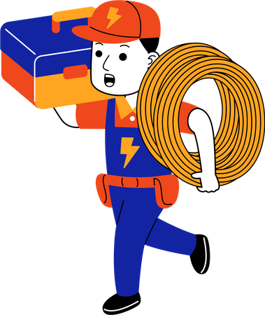 Eletricista masculino carregando cabo elétrico e caixa de ferramentas  Ilustração