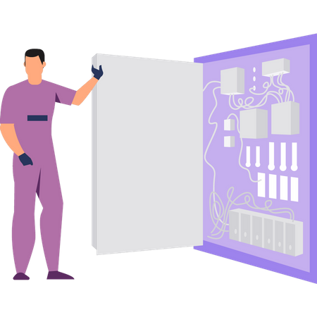 Eletricista masculino em pé perto da caixa de fusíveis  Ilustração