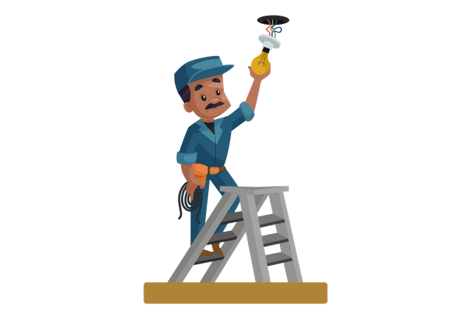 Eletricista instalando lâmpada no telhado  Ilustração