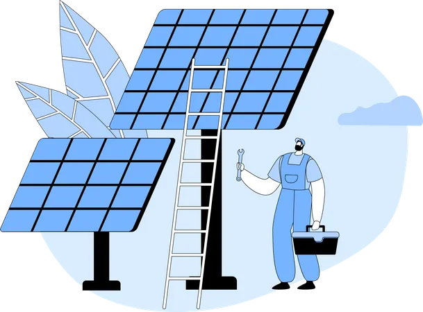 Eletricista instalando painéis solares  Ilustração