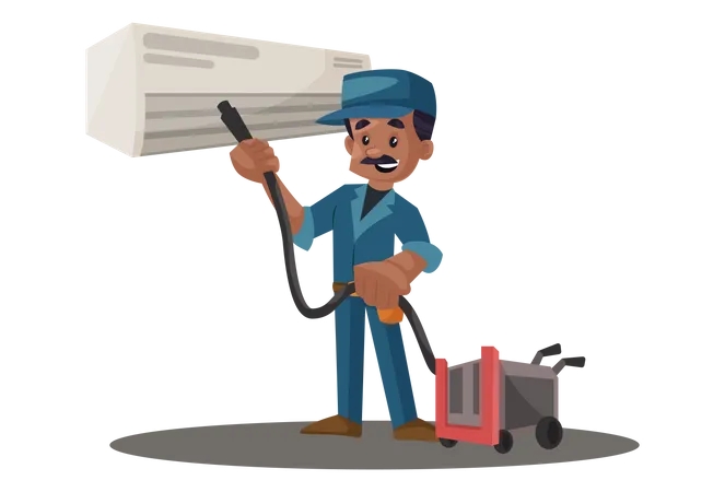 Eletricista limpando ac com aspirador de pó  Ilustração