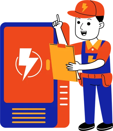 Eletricista masculino verifica caixa elétrica  Ilustração
