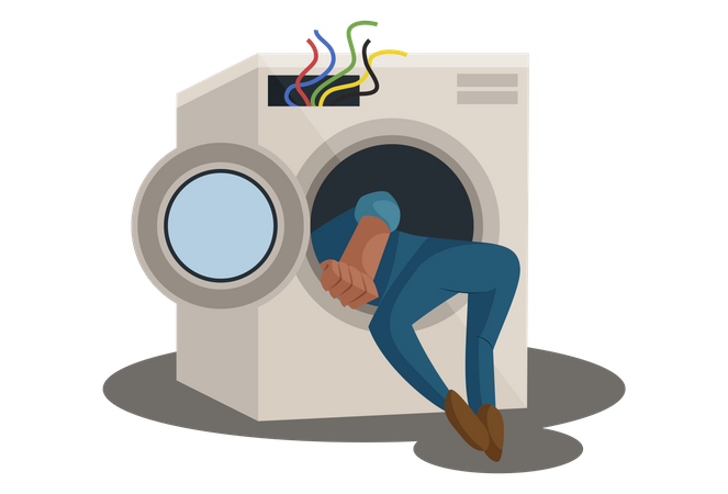 Eletricista consertando máquina de lavar  Ilustração