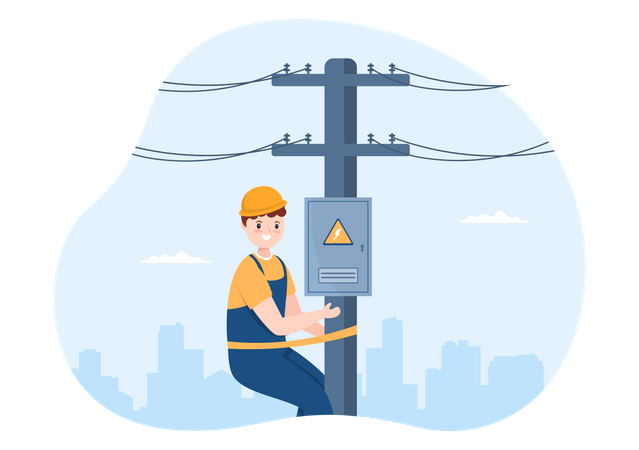 Eletricista reparando poste elétrico  Ilustração