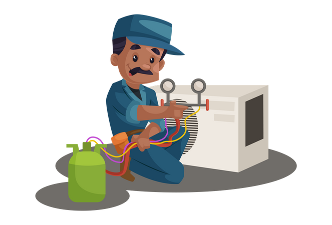 Eletricista consertando refrigerador  Ilustração
