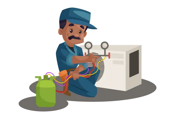 Eletricista consertando refrigerador  Ilustração