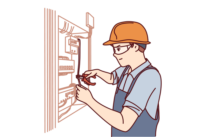 Eletricista consertando caixa de fusíveis  Ilustração