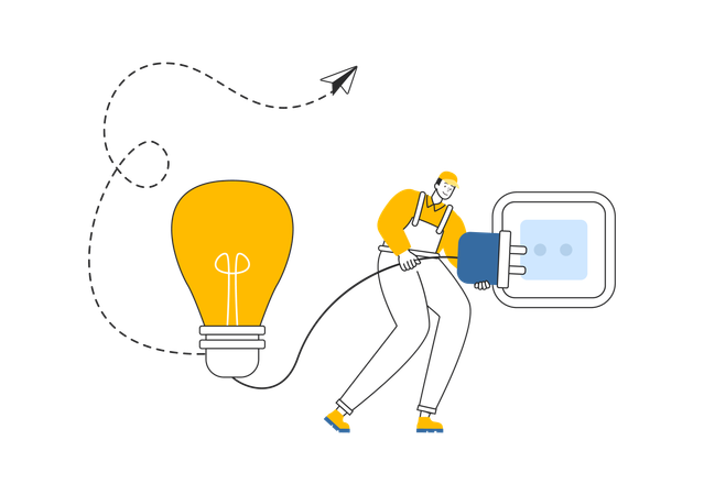 Eletricista segurando plugue para plug-in no soquete  Ilustração