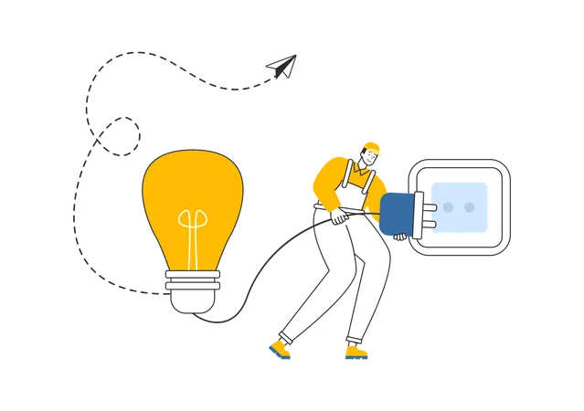 Eletricista segurando plugue para plug-in no soquete  Ilustração