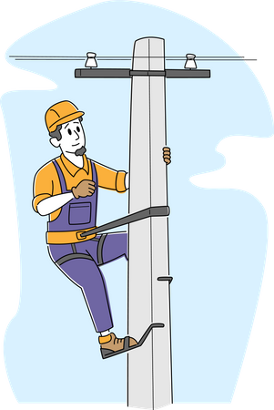 Trabalhador eletricista com ferramentas e equipamentos subindo na torre de transmissão elétrica para manutenção  Ilustração