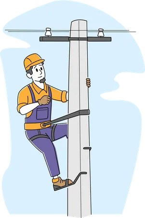 Trabalhador eletricista com ferramentas e equipamentos subindo na torre de transmissão elétrica para manutenção  Ilustração