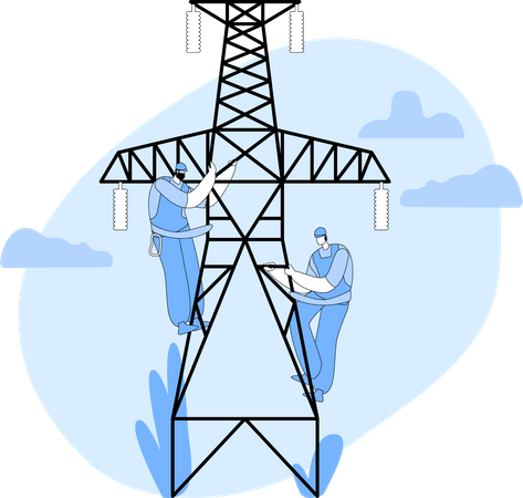 Eletricista trabalhando na torre de transmissão elétrica  Ilustração