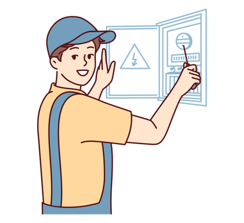 Eletricista verificando a caixa de fusíveis  Ilustração