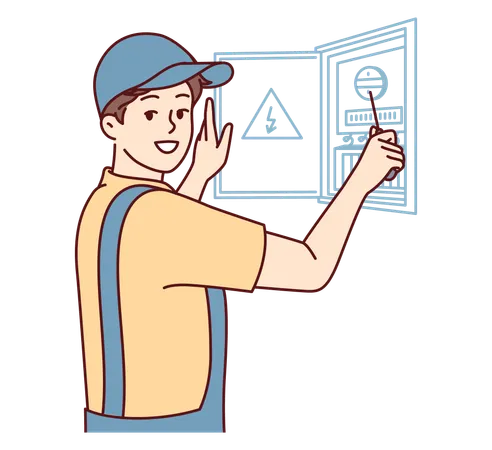 Eletricista verificando a caixa de fusíveis  Ilustração