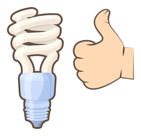 Lampada Energeticamente Eficiente Com Base Em Espiral E Mao Mostrando O Polegar Para Cima LED Eletrico Ou Luminaria Economizadora De Energia Aparelhos Eletricos Para Criar Luz Economizar Eletricidade Lampada E Gesto Semelhante Ilustração