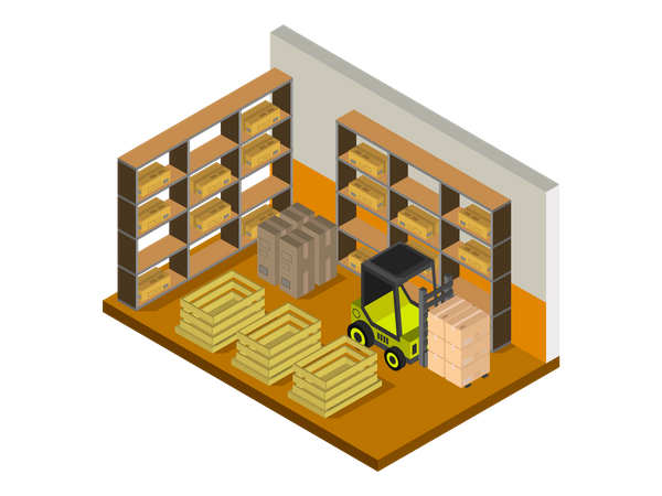Elevador de pluma para organizar cajas en el almacén  Ilustración
