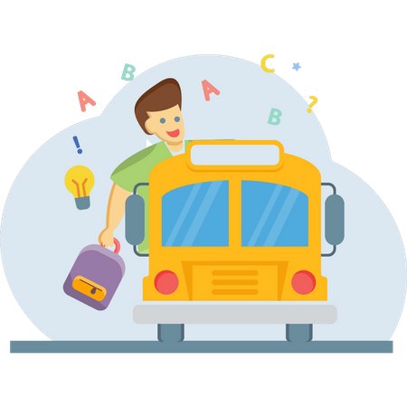 Étudiant allant à l'école en bus  Illustration