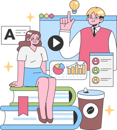 Étudiant apprenant à partir d’une vidéo éducative  Illustration