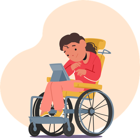 Une élève ayant des besoins spéciaux utilise une tablette alors qu'elle est assise dans un fauteuil roulant  Illustration