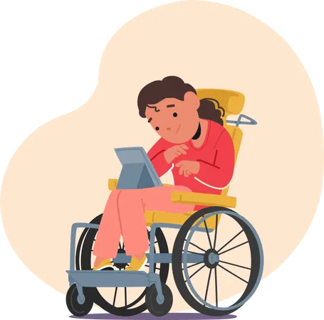 Une élève ayant des besoins spéciaux utilise une tablette alors qu'elle est assise dans un fauteuil roulant  Illustration