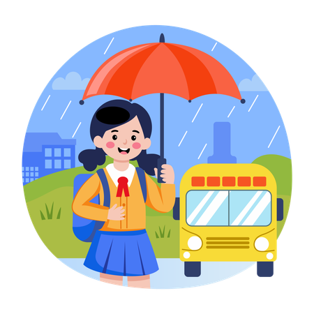 Élève debout sous la pluie et attendant le bus scolaire  Illustration
