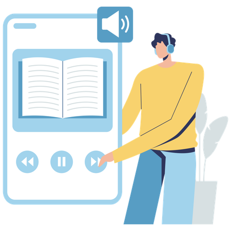 Un étudiant écoute un livre audio sur une application mobile  Illustration