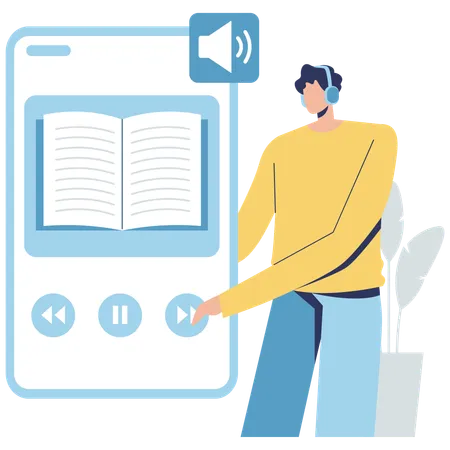 Un étudiant écoute un livre audio sur une application mobile  Illustration