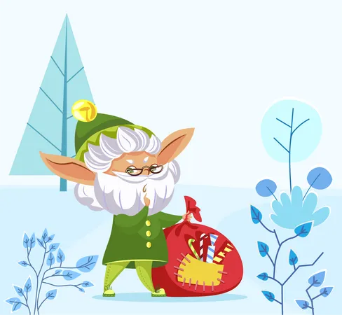 Elf with christmas gift bag  Illustration