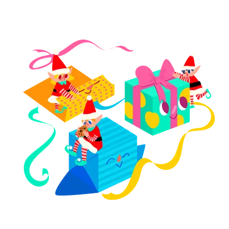 Elfe avec des cadeaux de Noël  Illustration