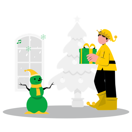 Garçon elfe tenant le cadeau de Noël  Illustration