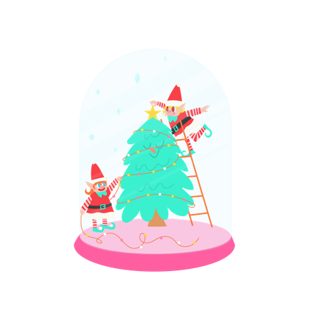 Elfe in Schneekugel schmückt Weihnachtsbaum  Illustration