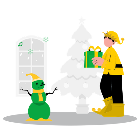 Elfenjunge hält Weihnachtsgeschenk  Illustration
