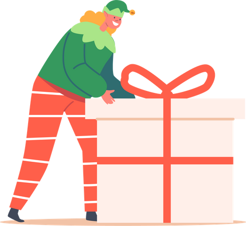 Elfenmädchen schubst riesige Geschenkbox  Illustration