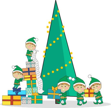Duendes navideños empacando regalos cerca del árbol  Ilustración