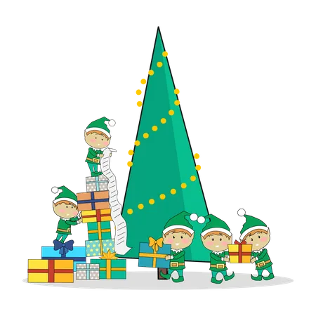 Duendes navideños empacando regalos cerca del árbol  Ilustración