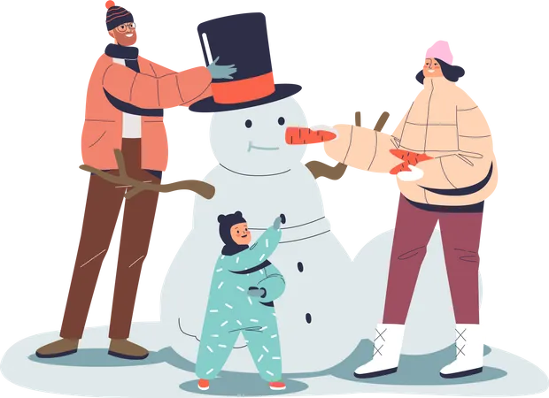 Eltern dekorieren Schneemann mit Kind  Illustration