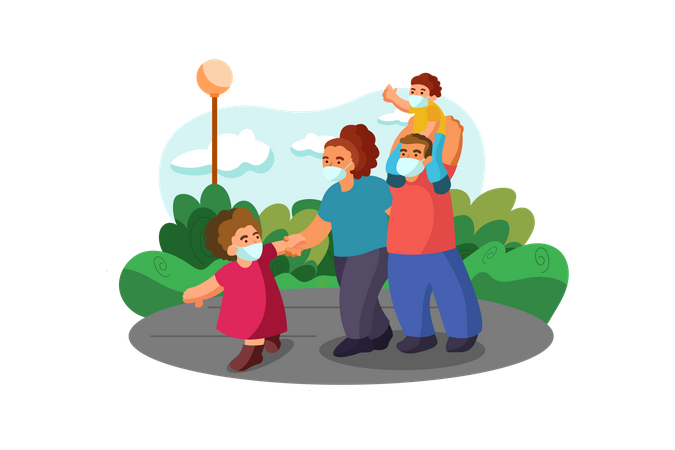 Eltern gehen mit ihren Kindern in den Garten  Illustration