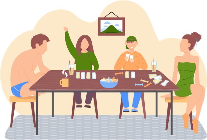 Eltern in Badebekleidung verbringen Zeit mit ihren Kindern und spielen gemeinsam Brettspiele im Wohnzimmer  Illustration