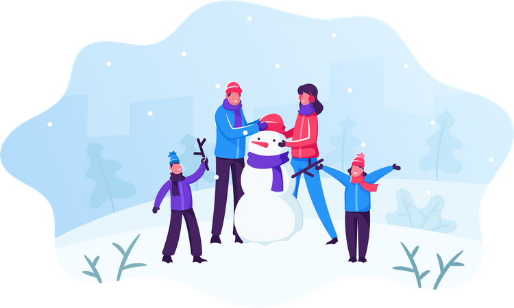 Eltern mit Kindern bauen Schneemann  Illustration