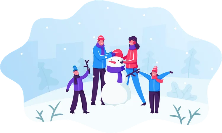 Eltern mit Kindern bauen Schneemann  Illustration