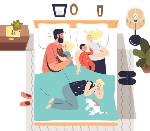 Eltern schlafen mit Kindern im Bett  Illustration