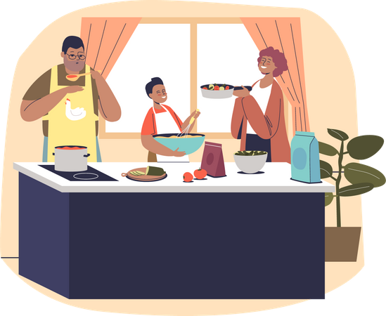 Eltern und Kind gemeinsam in der Küche beim Zubereiten von Essen  Illustration