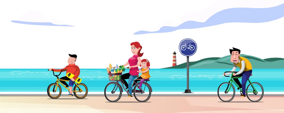 Eltern und Kinder fahren Fahrrad am Strand  Illustration