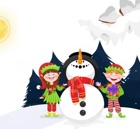 Elves and Snowmen in snow covered of Christmas Illustration