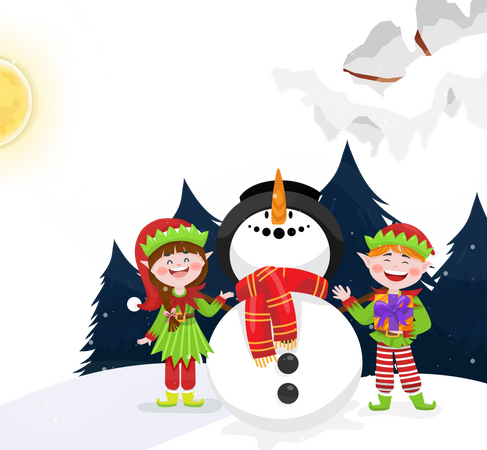 Elves and Snowmen in snow covered of Christmas  Illustration