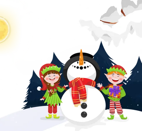 Elves and Snowmen in snow covered of Christmas  Illustration