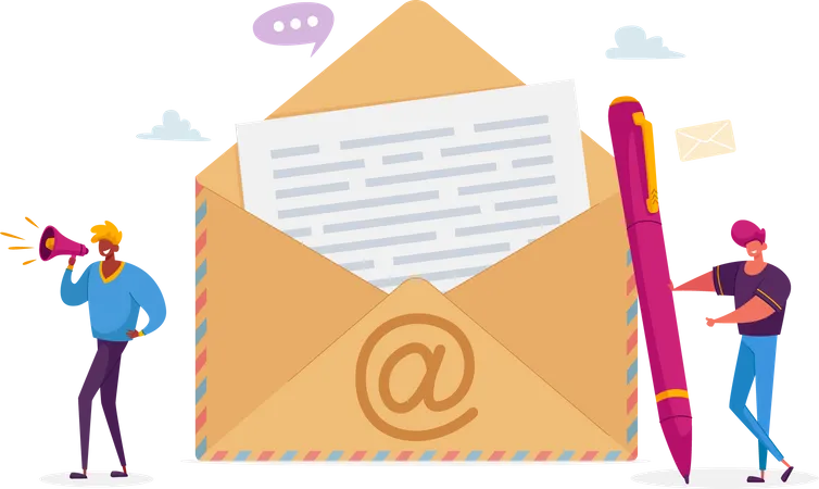 People Send E Mail To Friends Or Colleagues Concept Tiny Male Characters Stand At Huge Envelope With Et Symbol And Letter With Text Man With Megaphone Email Notification Cartoon Vector Illustration Illustration